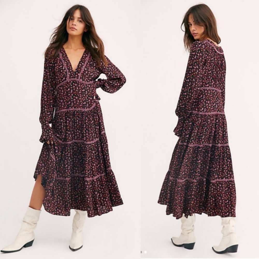 FREE PEOPLE Floral Midi Dress - Black and Pink